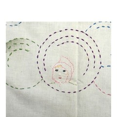 Vintage Hand Embroidered Baby Doll Child Faces & Printed Fabric 56.5 x 33.5 SEE