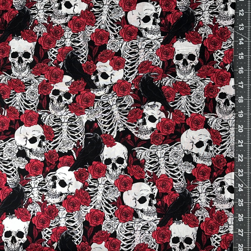 Fabric Traditions | Rose Skull Skeleton Crow Allover YARD