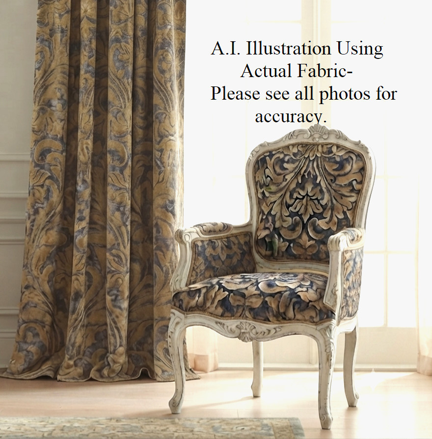 HOME SIGNATURE Vintage NOS- 5 Yds x 96″ Wide – Gold & Blue/Gray Damask Fabric