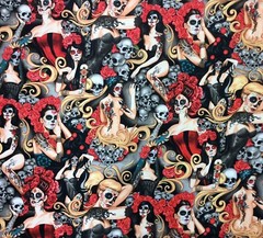 AH243 Las Elegantes Sexy Pin Up Girls Goth Vampire Tattoo Cotton Quilt Fabric