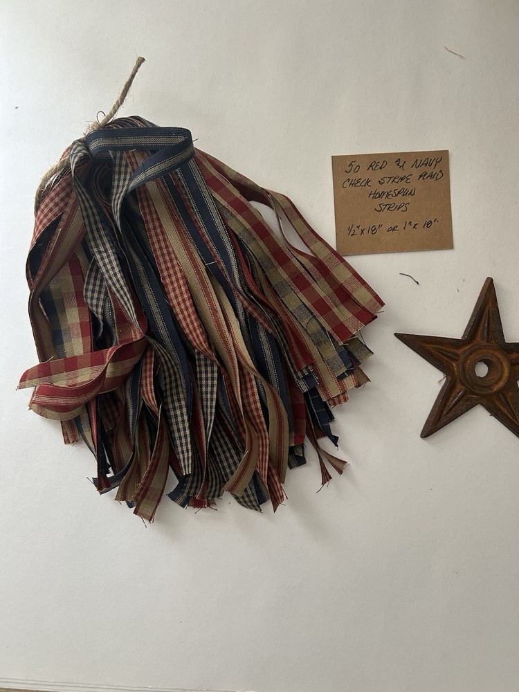 50 RED And BLUE Check & Stripe Homespun Strips 1/2″ x 18″ or 1″ x 18″ YOU CHOOSE