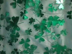 Green and Silver Sharmrock Print on Green Mesh Fabric 60 W x 2 yd AS IS Damaged