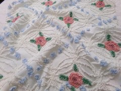 Pink Roses in Winter Vtg Chenille Bedspread Fabric Romantic Floral Dot 22″ x 20″
