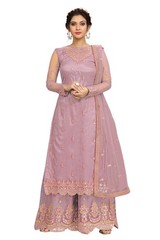 Women’s Net Embroidery Salwar Suit Set Kurta Sharara with Dupatta (G76-Peach-…
