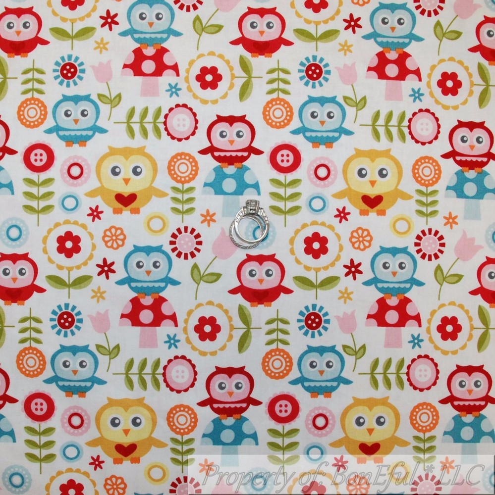 BonEful Fabric FQ Cotton Quilt White Green Leaf Small OWL Bird Flower Girl Retro