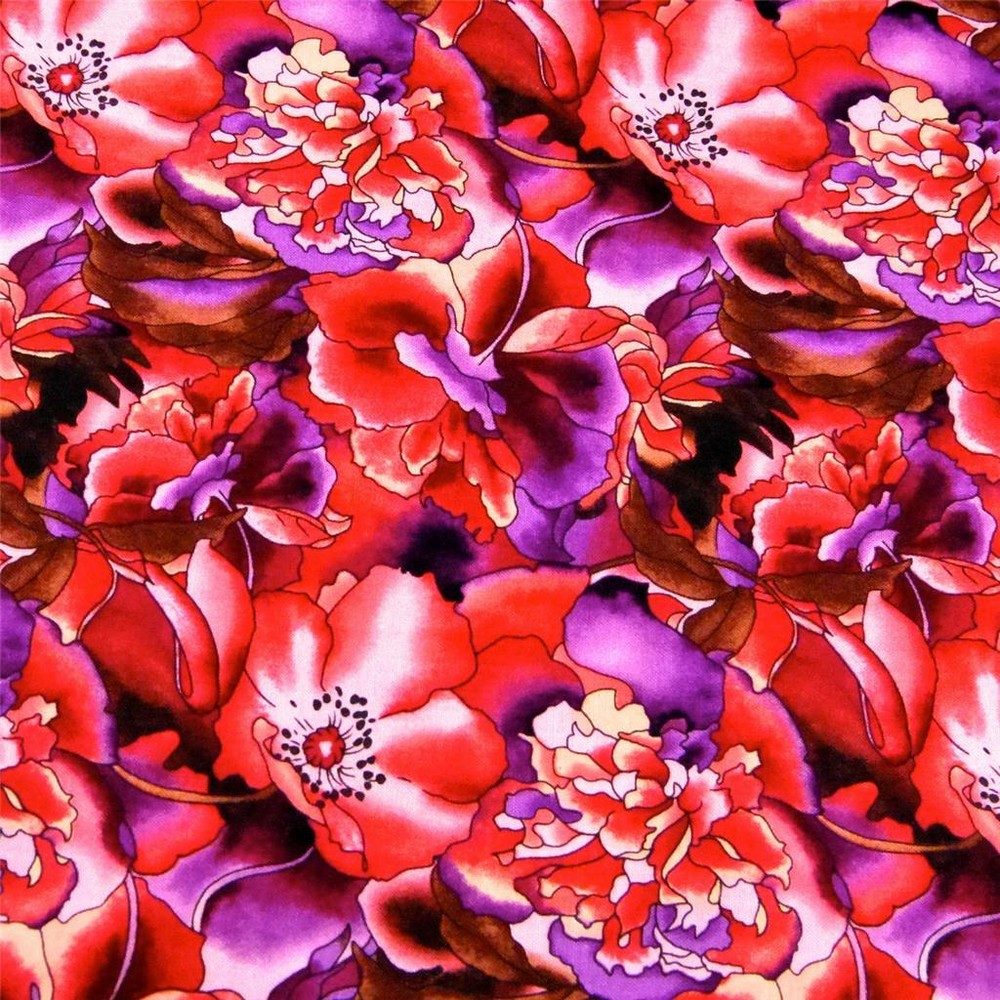 60″ W Spectacular Red, Violet Purple & Brown Floral, MMFab Cotton, BTY