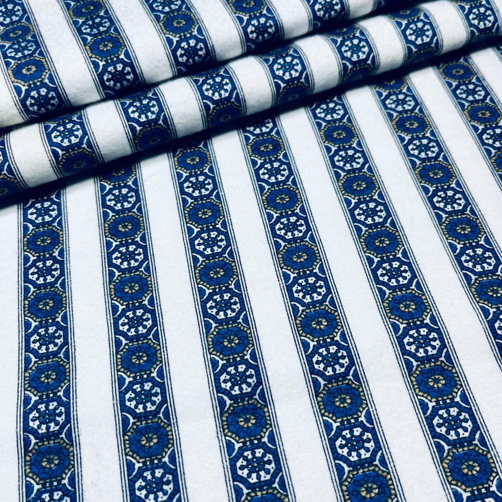 Flannel Fabric Blue and White Stripe Moroccan Tiles 100% Cotton