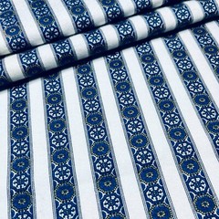 Flannel Fabric Blue and White Stripe Moroccan Tiles 100% Cotton