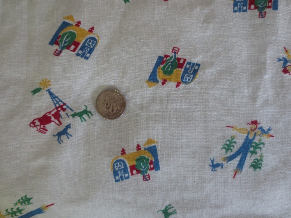 5256. BARN COW SCARECROW on WHITE FEEDSACK Quilting COTTON FABRIC – 35.5″ x 43″