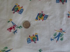 5256. BARN COW SCARECROW on WHITE FEEDSACK Quilting COTTON FABRIC – 35.5″ x 43″