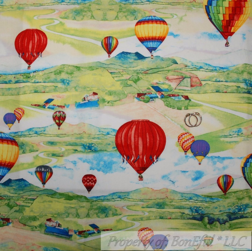 BonEful FABRIC FQ Cotton Quilt Green Rainbow Hot Air Balloon Scenic Cloud Sky US