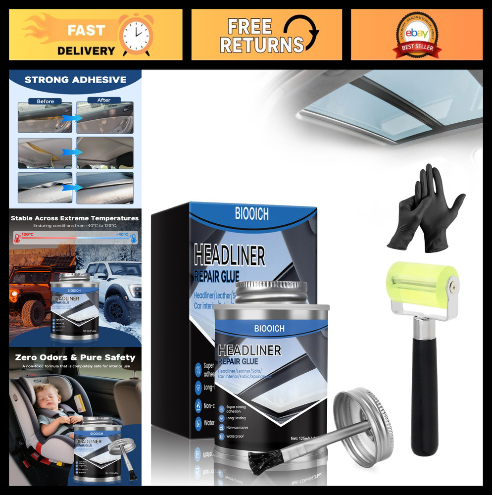 Car Headliner Repair Kit – Adhesive Glue with Roller & Brush for Upholstery, Fab