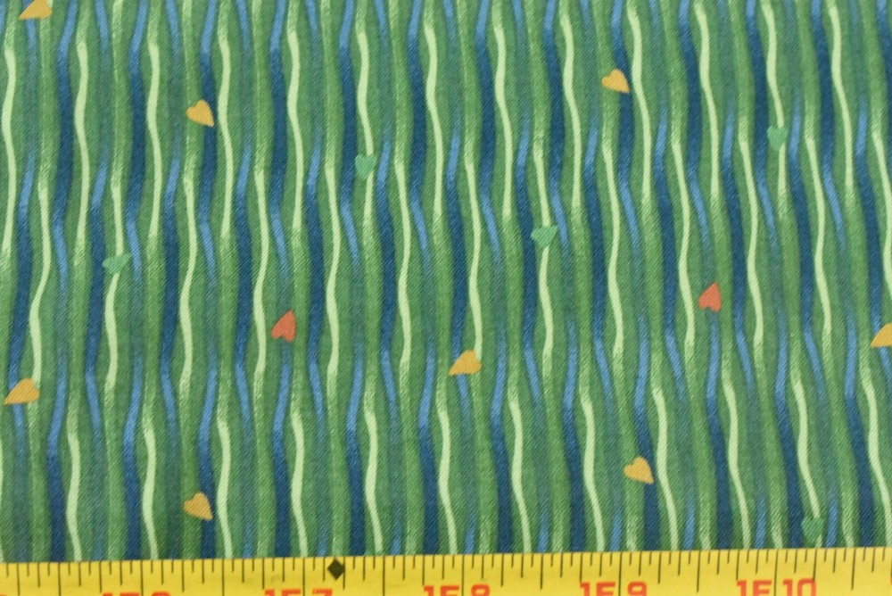 By 1/2 Yd, Tiny Hearts on Green & Blue Striped Cotton/Avlyn/Possibilities,P8203