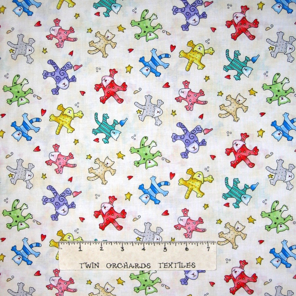 Happy Catz Fabric – Rainbow Cat Toss on Cream – Red Rooster YARD
