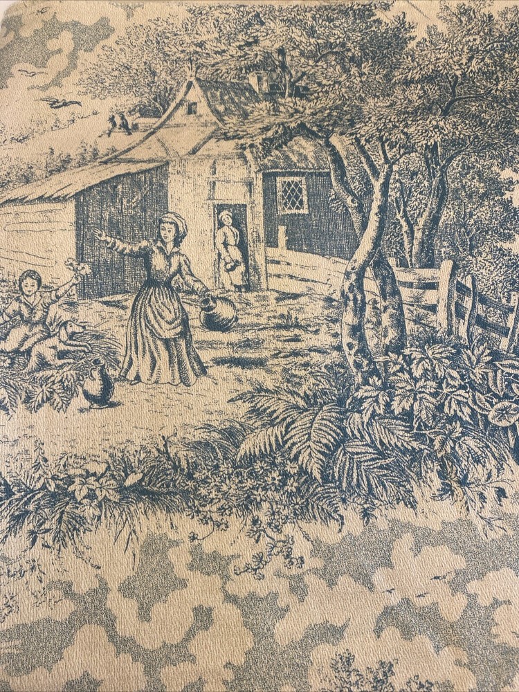 Woven In Time Toile Bark Cloth Fabric Teal Blue County Side 45’x116’ 3+ Yards