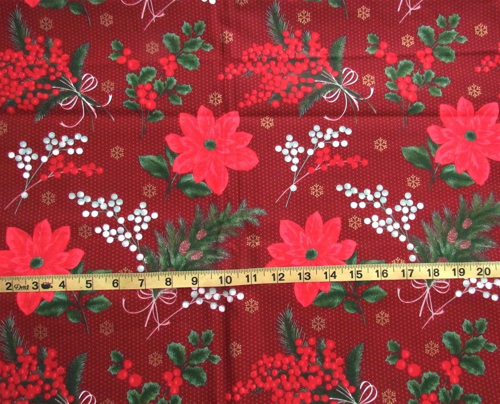 1 yd 100% Cotton Fabric Dark Red with Dots & Poinsettias & Berries