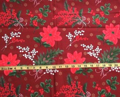 1 yd 100% Cotton Fabric Dark Red with Dots & Poinsettias & Berries