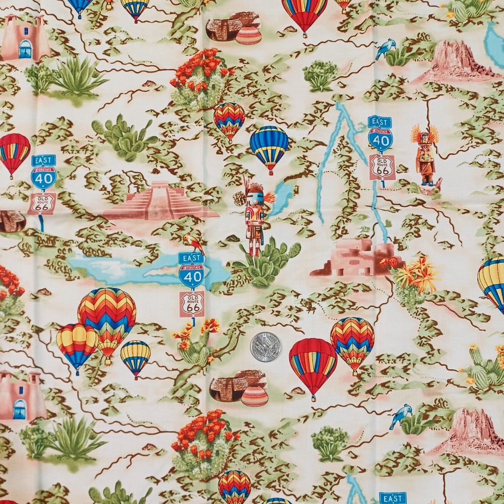 Vintage Timeless Treasures Hot Air Balloon Cotton Quilt Fabric Travel Route 66