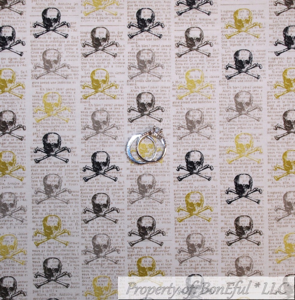 BonEful Fabric FQ Cotton Quilt VTG Black White B&W Gold Skull Skeleton Newspaper