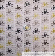 BonEful Fabric FQ Cotton Quilt VTG Black White B&W Gold Skull Skeleton Newspaper