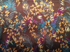 Flower tropical leaves on chocolate golden brown satin fabric, 58″w, sold BTY