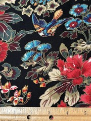 Marcus Brothers Floral Bird Cotton Fabric 2 Yds 44×75 Black Quilt Craft VTG