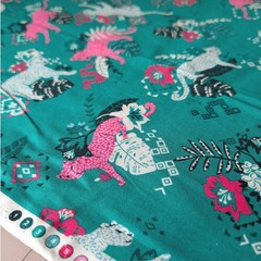Boundless Fabrics Bluprint Lush Teal Pink Leopard Tropical Cotton Sold by Yard