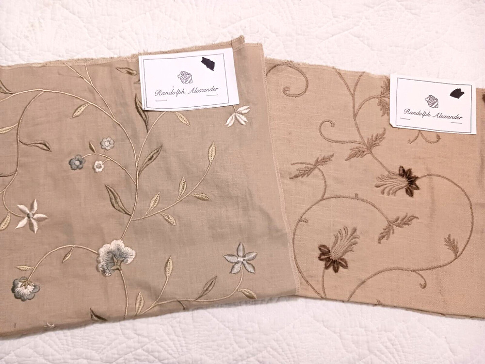 Randolph Alexander Linen Blend Floral Embroidered Fabric Samples Tan Blue Brown