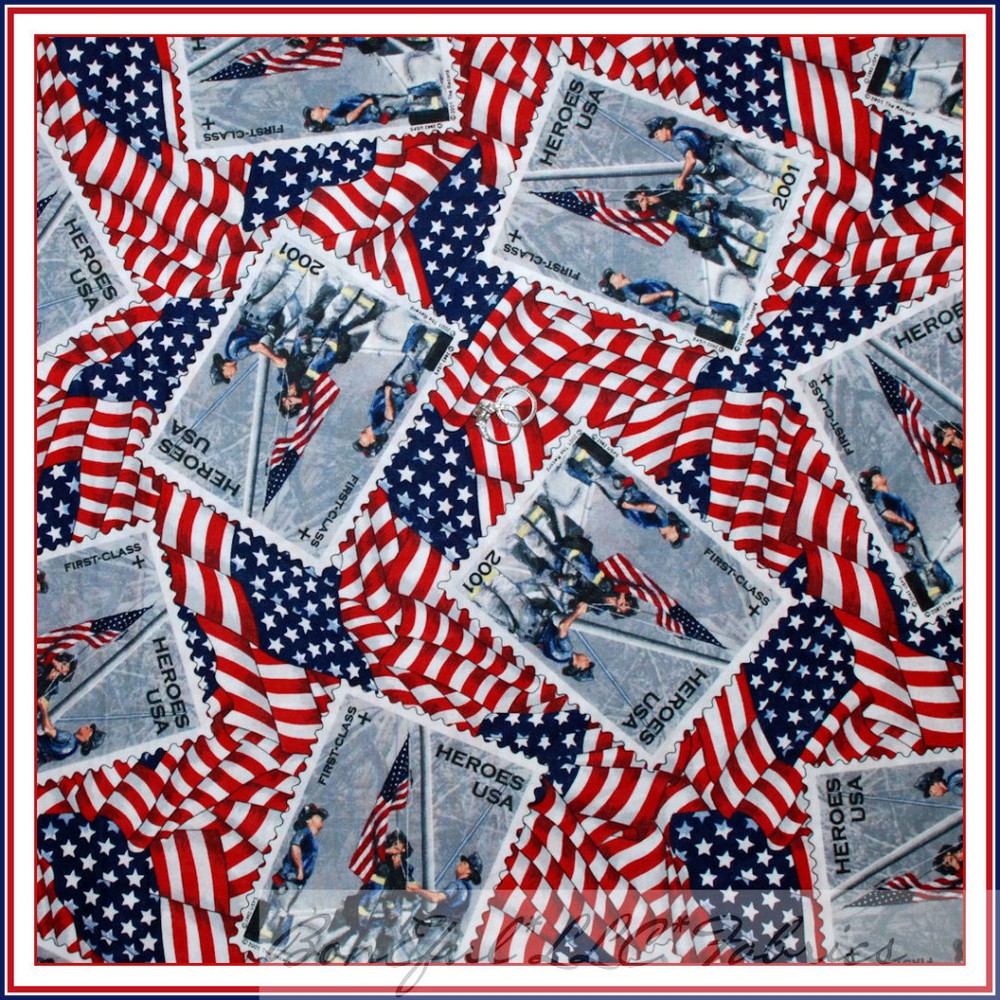 BonEful Fabric FQ Cotton Quilt VTG American FLAG Hero 911 USA Fire*man Old STAMP