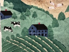 1992 Fabric Traditions Country Farm Red Barns Chickens Cows Ducks 48” X 44”
