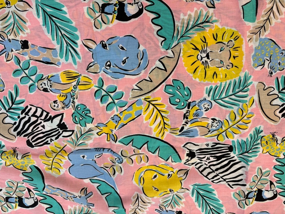 1-2/3 yard, 58″ wide, Jungle Animals on Pink background, WEILWOOD FABRICS