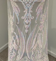 WHITE PINK BLUE Iridescent 4way stretch sequins Lace fabric 50” Width 1 Yard