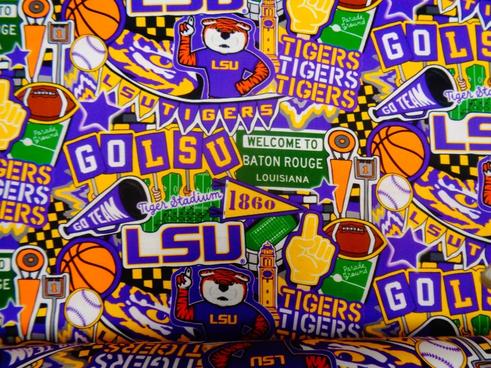 LSU “TIGERS” DOODLE DESIGN BRAND NEW 1/2 YARD 100% COTTON