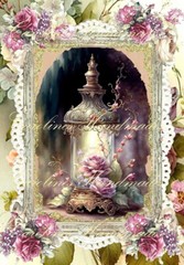 Shabby Chic Lantern Purple Roses Designer Cotton Fabric Quilt Block Multi-size