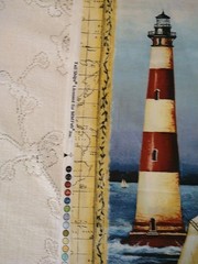 Lighthouse Fabric Panel 23×13 Blue Red & White Nautical Ocean Sea Tall Ships