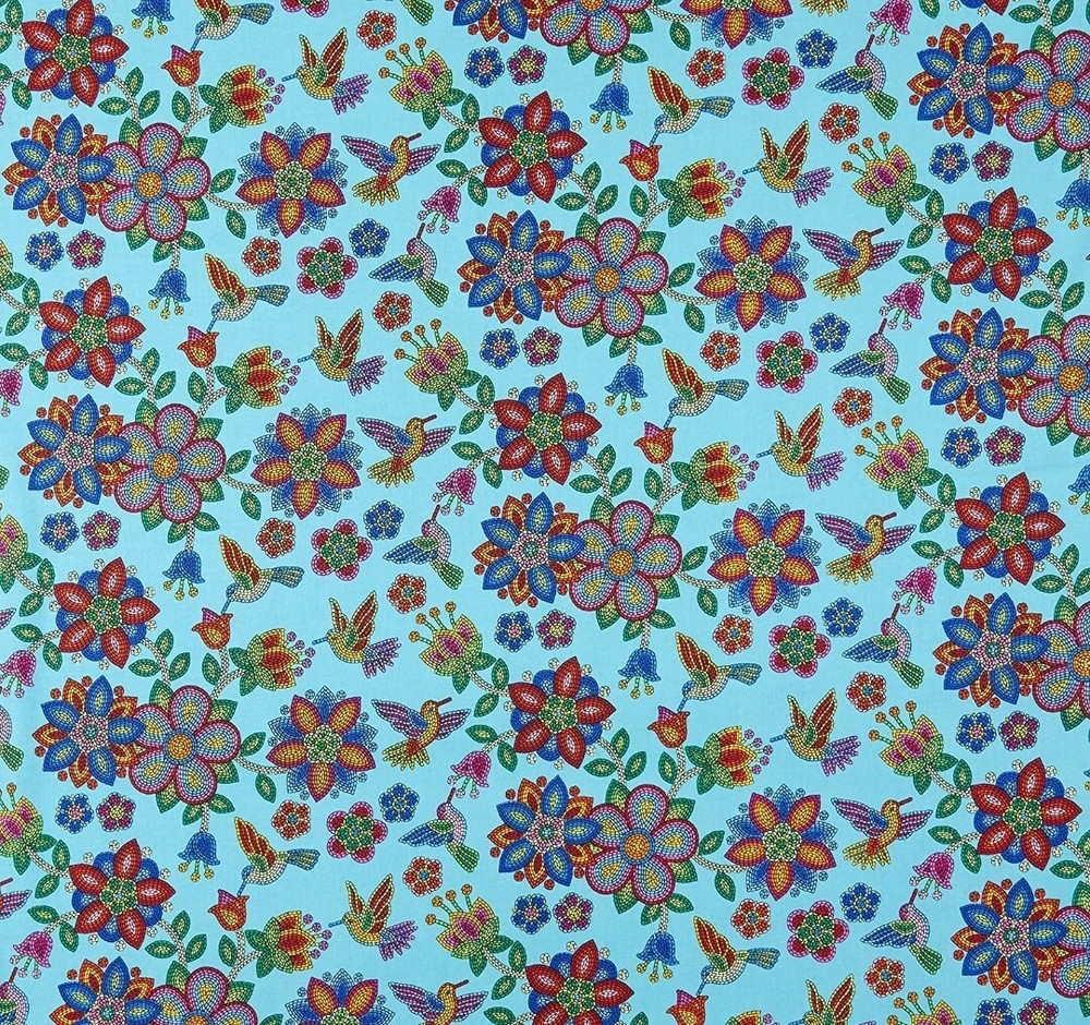 Elizabeth Studio Tucson Turquoise Hummingbird Flower Quilt Fabric by the Yard