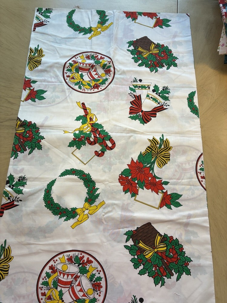 Vtg Christmas Cut & Sew Fabric Panel Wreath Bells Horns Poinsettia Crafts 2 Yds