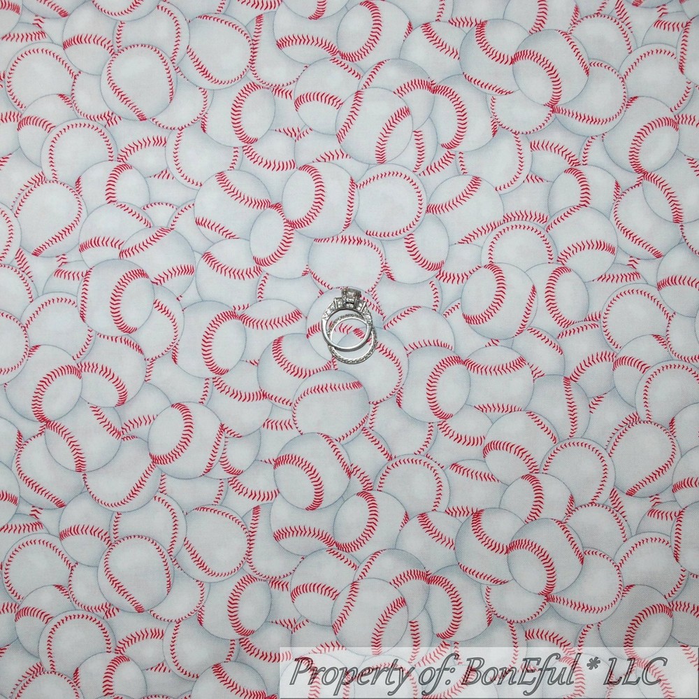 BonEful Fabric FQ Cotton Quilt White Red Baseball Softball Girl Boy Game Sport S
