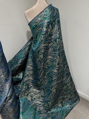 Green Gold Silver Paisley Metallic Brocade Fabric 60” Sold By The Yard