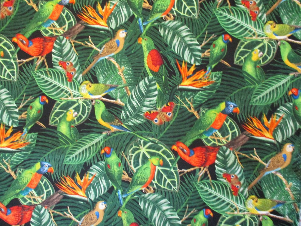 BIRDS REALISTIC BIRD PARADISE BUTTERFLY TROPICAL TREES FLOWERS COTTON FABRIC FQ