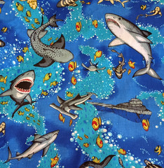 Springs Industries VTG Vivid Underwater Shark Themed Fabric 100% Cotton BTHY