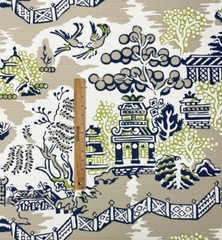THIBAUT LUZON NAVY BLUE ON BEIGE ASIAN TOILE MULTIUSE LINEN FABRIC BY YARD 54″W