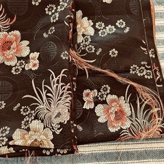 VTG Chinese Floral Brocade Fabric Black Background Shou Symbol Chrysanthemum 2yd