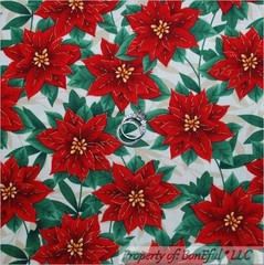 BonEful Fabric FQ Cotton Quilt Red Green Cream Gold Xmas Poinsettia Flower Leaf