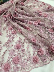 Mauve Lace 3d Floral Design Embroidered Mesh 3d Lace Fabric By The Yard Pearls