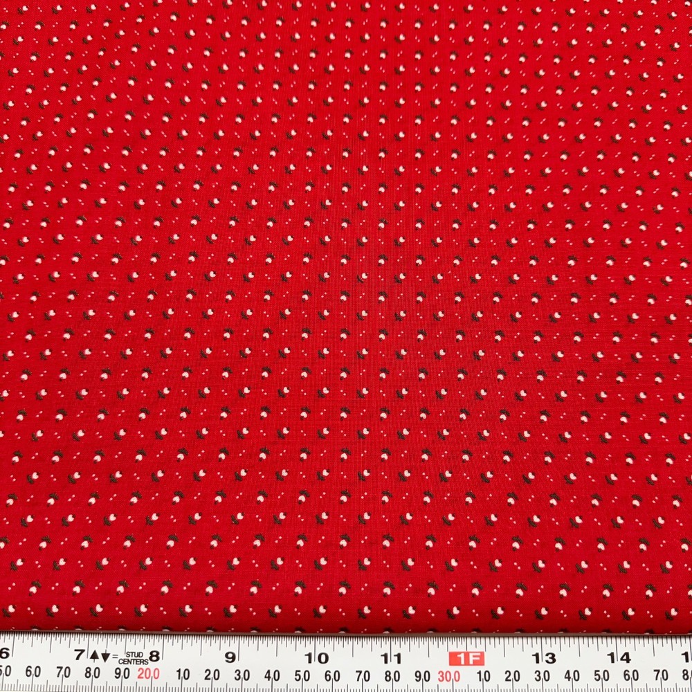 Vintage Cranston White Green Heart Florals on Red Cotton Fabric by the HALF YARD