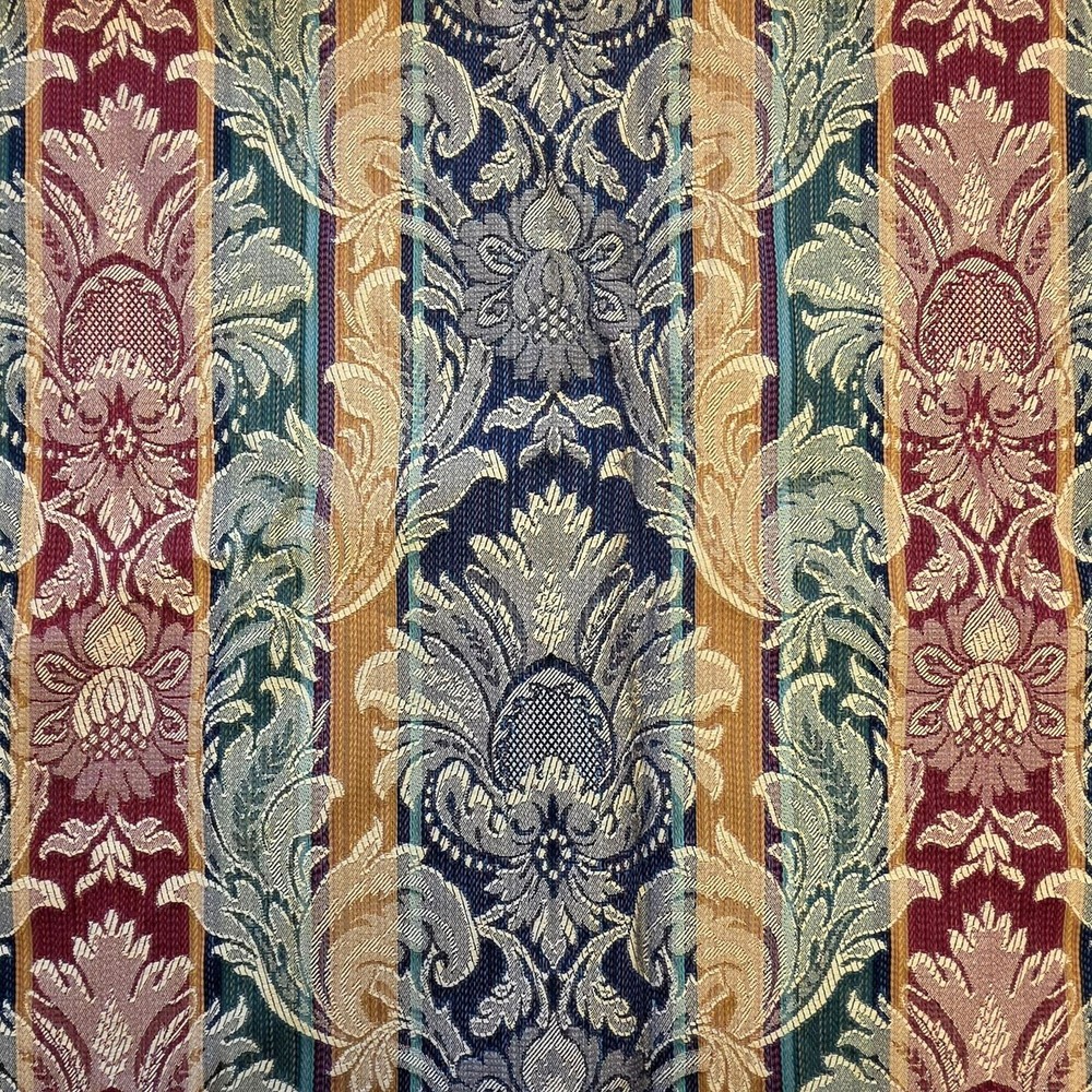 Traditional Damask Stripe Woven Upholstery Fabric Remnant 56 x 40″ Burgundy Blue