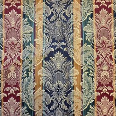 Traditional Damask Stripe Woven Upholstery Fabric Remnant 56 x 40″ Burgundy Blue