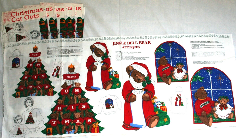 6 Cranston Christmas Jingle Bell Bear Applique Fabric Panels Lot Santa Tree Star