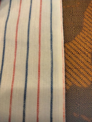 4.1yds (148″)Lx45″W red and blue pinstripe on white cotton “shirting” bolt cut